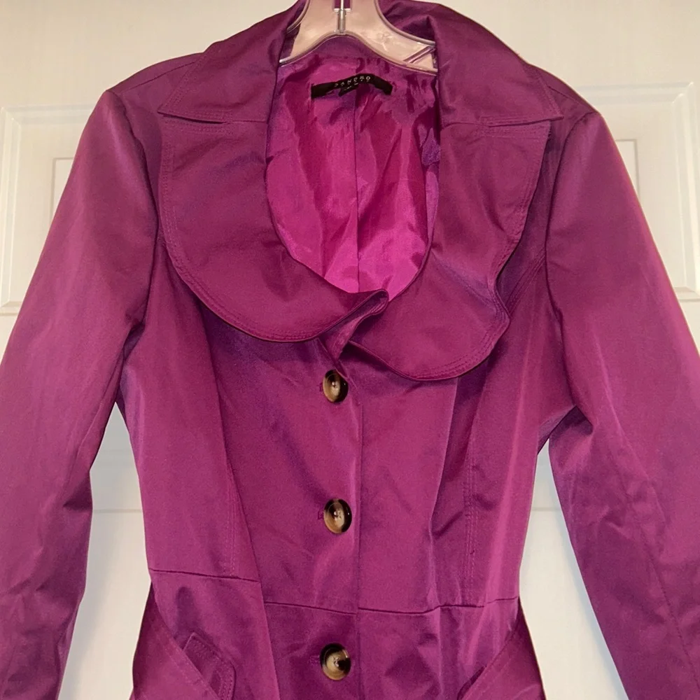 Sandro Studio Women's Belted Short Trench Coat Jacket LG Peter Pan Collar Purple - Picture 2 of 14